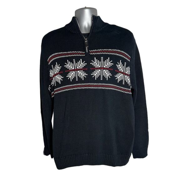 Chaps Ralph Lauren Quarter Zip Sweater Mock Neck Black Winter Snowflake Size L - Picture 1 of 5
